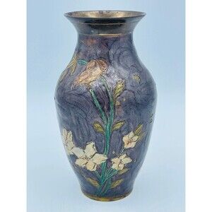 Decorative Vintage Brass Vase w/ Floral Design Flowers & Bird Amethyst Enamel
